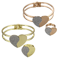 Fashion Stainless Steel Jewelry Sets, bangle & finger ring, Heart, plated, open & stardust, more colors for choice, 27.5mm, 12.5mm, 18.5mm, 5mm, Inner Diameter:Approx 59.5x48mm, US Ring Size:5, Length:Approx 7.5 Inch, 5Sets/Lot, Sold By Lot