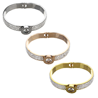 Stainless Steel Bangle, with Rhinestone Clay Pave, plated, with cubic zirconia, more colors for choice, 14mm, 10mm, Inner Diameter:Approx 58x47.5mm, Length:Approx 7 Inch, 5PCs/Lot, Sold By Lot