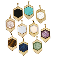 Gemstone Pendants Jewelry, Brass, with Gemstone, gold color plated, natural & different materials for choice, nickel, lead & cadmium free, 24x44x4mm, Hole:Approx 5x6mm, 10PCs/Lot, Sold By Lot