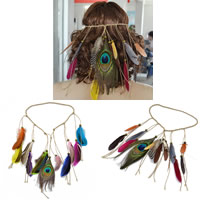 hovedbøjle, Nylonsnor, med Peacock Feather & Træ, Boheme stil & flettet, flere farver til valg, nikkel, bly & cadmium fri, 205mm, Solgt Per Ca. 29.6 inch Strand