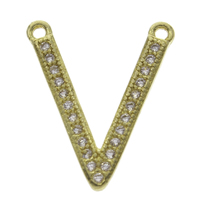 Cubic Zirconia Micro Pave Brass Connector, Letter V, micro pave cubic zirconia & 1/1 loop, original color, nickel, lead & cadmium free, 13x16x2mm, Hole:Approx 0.8mm, 10PCs/Bag, Sold By Bag