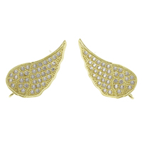 Brass Earring Stud Component, Wing Shape, micro pave cubic zirconia, original color, nickel, lead & cadmium free, 11x23x3mm, Hole:Approx 1.5mm, 10Pairs/Bag, Sold By Bag
