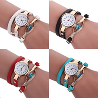 Wrap Watch, PU Leather, with Crystal & Glass & Tibetan Style, stainless steel snap clasp, gold color plated, adjustable & 3-strand & with rhinestone, more colors for choice, 22mm, 6mm, Sold Per Approx 21.9 Inch Strand