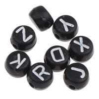 Alphabet Acryl Perlen, flache Runde, mit Brief Muster & Volltonfarbe, schwarz, 5x7mm, Bohrung:ca. 1mm, ca. 3100PCs/Tasche, verkauft von Tasche