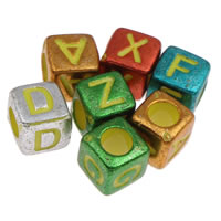 Perles acrylique alphabet, Placage UV, avec le motif de lettre & mélangé, 6x6mm, Trou:Environ 3mm, Environ 3000PC/sac, Vendu par sac