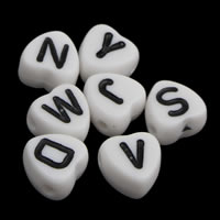 Perles acrylique alphabet, coeur, modèle mixte & avec le motif de lettre & couleur solide, blanc, 4x7mm, Trou:Environ 1mm, Environ 3400PC/sac, Vendu par sac