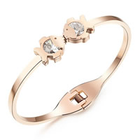 Stainless Steel Bangle, Double Fish, rose gold color plated, for woman & with cubic zirconia, 3mm, Inner Diameter:Approx 50mm, Length:Approx 6.2 Inch, Sold By PC