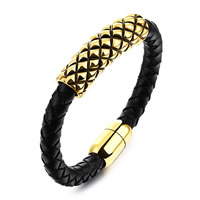 Men Bracelet Cowhide with Stainless Steel gold color plated for man & blacken 8mm Sold Per Approx 8.2 Inch Strand