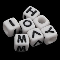 Grânulos acrílicos de alfabeto, acrilico, Cubo, com padrão de carta & cor sólida, branco, 6x6mm, Buraco:Aprox 3mm, Aprox 3000PCs/Bag, vendido por Bag