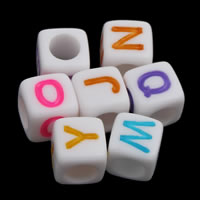 Alphabet Acrylic Beads, with letter pattern & mixed & solid color, white, 6x6mm, Hole:Approx 3mm, Approx 3000PCs/Bag, Sold By Bag