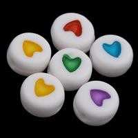 Perles acrylique de couleur unie, Plat rond, avec le motif de coeur & couleur solide, couleurs mélangées, 4x7mm, Trou:Environ 1mm, Environ 3600PC/sac, Vendu par sac