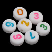 Száma akril gyöngy, számmal minta & vegyes & egyszínű, fehér, 4x7mm, Lyuk:Kb 1mm, Kb 3600PC-k/Bag, Által értékesített Bag