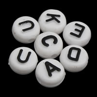 Alphabet Acryl Perlen, flache Runde, gemischtes Muster & mit Brief Muster & Volltonfarbe, weiß, 6x10mm, Bohrung:ca. 1mm, ca. 1650PCs/Tasche, verkauft von Tasche