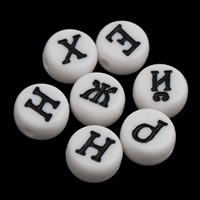 Perles acrylique alphabet, Plat rond, modèle mixte & avec le motif de lettre & couleur solide, blanc, 4x7mm, Trou:Environ 1mm, Environ 3600PC/sac, Vendu par sac