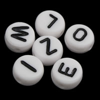 Alphabet Acryl Perlen, flache Runde, gemischtes Muster & mit Brief Muster & Volltonfarbe, weiß, 4x7mm, Bohrung:ca. 1mm, ca. 3600PCs/Tasche, verkauft von Tasche