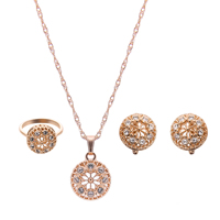 Tibetan Style Jewelry Sets, finger ring & earring & necklace, with iron chain, stainless steel earring post and Omega clip, Flower, rose gold color plated, rope chain & with rhinestone, lead & cadmium free, 12x12mm, US Ring Size:6-9, Length:Approx 17 Inch, Sold By Set