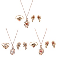 Zinc Alloy Jewelry Sets finger ring & earring & necklace with iron chain stainless steel earring post and Omega clip Flower rose gold color plated rope chain & faceted & with rhinestone lead & cadmium free  US Ring Length Approx 17 Inch Sold By Set