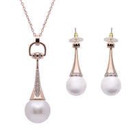 Tibetan Style Jewelry Sets, earring & necklace, with ABS Plastic Pearl & plastic earnut & iron chain, stainless steel post pin, rose gold color plated, oval chain & with rhinestone, lead & cadmium free, 13x46mm, 17x73mm, Length:Approx 17 Inch, Sold By Set