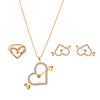 Zinc Alloy Jewelry Sets finger ring & earring & necklace with iron chain stainless steel post pin Heart gold color plated oval chain & with rhinestone lead & cadmium free   US Ring Length Approx 17 Inch Sold By Set