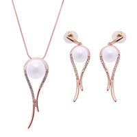 South Sea Shell Jewelry Sets, earring & necklace, Tibetan Style, with plastic earnut & iron chain & South Sea Shell, stainless steel post pin, rose gold color plated, snake chain & with rhinestone, lead & cadmium free, 15x58mm, 18x52mm, Length:Approx 17 Inch, Sold By Set