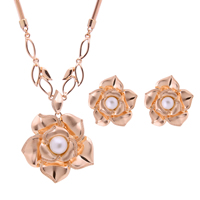 Tibetan Style Jewelry Sets, earring & necklace, with plastic earnut & iron chain & South Sea Shell, stainless steel post pin, Flower, rose gold color plated, snake chain & with rhinestone, lead & cadmium free, 27x27mm, 50x63mm, Length:Approx 17 Inch, Sold By Set
