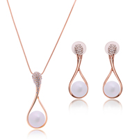 Tibetan Style Jewelry Sets, earring & necklace, with ABS Plastic Pearl & plastic earnut & iron chain, stainless steel post pin, rose gold color plated, snake chain & with rhinestone, lead & cadmium free, 13x46mm, 16x49mm, Length:Approx 14.5 Inch, Sold By Set