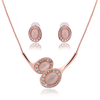 Cat Eye Jewelry Set, earring & necklace, Tibetan Style, with plastic earnut & iron chain & Cats Eye, stainless steel post pin, rose gold color plated, snake chain & with rhinestone, lead & cadmium free, 15x24mm, 33x50mm, Length:Approx 14.5 Inch, Sold By Set