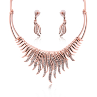 Tibetan Style Jewelry Sets, earring & necklace, with plastic earnut, stainless steel post pin, with 5cm extender chain, rose gold color plated, with rhinestone, lead & cadmium free, 13x50mm, 105mm, Length:Approx 14.5 Inch, Sold By Set