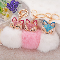 Bag Purse Charms Keyrings Keychains Zinc Alloy with Plush & Glass Pearl Fox gold color plated enamel & with rhinestone & hollow nickel lead & cadmium free 160mm Sold By PC