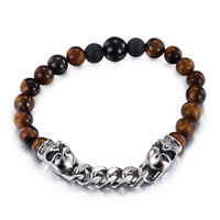 Men Bracelet, Tiger Eye, with Black Agate & Stainless Steel, Skull, natural & twist oval chain & for man & frosted & blacken, 10mm, Sold Per Approx 7.4 Inch Strand