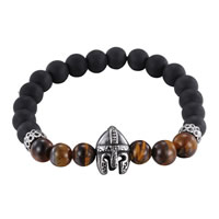 Men Bracelet, Black Agate, with Tiger Eye & Stainless Steel, natural & for man & blacken, 16mm, Sold Per Approx 7.4 Inch Strand