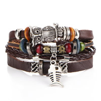 Cowhide Bracelet, with Wood & Tibetan Style, plated, adjustable & multi-strand, nickel, lead & cadmium free, Sold Per 7-9 Inch Strand