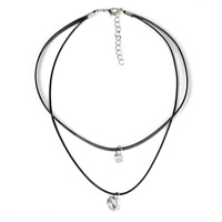 Fashion Choker Necklace, PU Leather, with Tibetan Style, with 2lnch extender chain, platinum color plated, with cubic zirconia & 2-strand, Sold Per Approx 11.8 Inch Strand