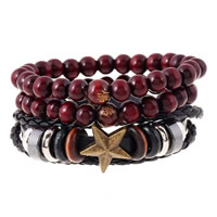 Cowhide Bracelet Set, with Non Magnetic Hematite & Wood & Tibetan Style, plated, Buddhist jewelry & adjustable, Length:Approx 8.4 Inch, 2Sets/Lot, 3Strands/Set, Sold By Lot