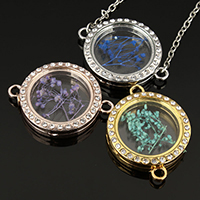 Tibetan Style Floating Locket Connector, with Dried Flower & Glass, Flat Round, plated, with rhinestone & 1/1 loop, more colors for choice, nickel, lead & cadmium free, 39.50x29.50x6mm, Hole:Approx 3mm, 10PCs/Lot, Sold By Lot
