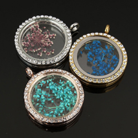 Tibetan Style Floating Locket Pendant, with Dried Flower & Glass, Flat Round, plated, with rhinestone, more colors for choice, nickel, lead & cadmium free, 30x37x6mm, Hole:Approx 4mm, 10PCs/Lot, Sold By Lot