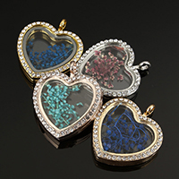 Tibetan Style Floating Locket Pendant, with Dried Flower & Glass, Heart, plated, with rhinestone, more colors for choice, nickel, lead & cadmium free, 30x36x7mm, Hole:Approx 4mm, 10PCs/Lot, Sold By Lot