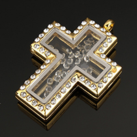 Tibetan Style Floating Locket Pendant, with Glass, Cross, gold color plated, with rhinestone, nickel, lead & cadmium free, 30x44x8mm, Hole:Approx 4mm, 10PCs/Lot, Sold By Lot