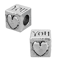 Tibetan Style European Beads, Cube, word you, antique silver color plated, with heart pattern & without troll, nickel, lead & cadmium free, 8x8x19mm, Hole:Approx 4.5mm, 500PCs/Lot, Sold By Lot