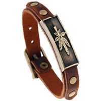 Men Bracelet Cowhide with Zinc Alloy Maple Leaf antique bronze color plated with rivet stud & adjustable nickel lead & cadmium free 12mm Length Approx 9.4 Inch Sold By Lot