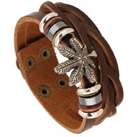 Men Bracelet, Cowhide, with Non Magnetic Hematite & Wood & Tibetan Style, Maple Leaf, plated, with rivet stud & adjustable & for man & 2-strand, nickel, lead & cadmium free, 22mm, Length:Approx 8.4 Inch, 2Strands/Lot, Sold By Lot