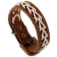 Unisex Bracelet, Cowhide, with Linen, Tibetan Style pin buckle, antique bronze color plated, with rivet stud & adjustable, nickel, lead & cadmium free, 15mm, Length:Approx 10.4 Inch, 2Strands/Lot, Sold By Lot