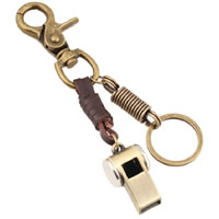 Schlüsselanhänger, Zinklegierung, mit Kuhhaut, antike Bronzefarbe plattiert, mit Trillerpfeife & unisex, frei von Nickel, Blei & Kadmium, 140mm, 2SträngeStrang/Menge, verkauft von Menge