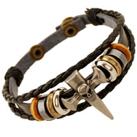 Unisex Bracelet, Cowhide, with Non Magnetic Hematite & Wood & Tibetan Style, Skull Cross, plated, with rivet stud & adjustable & 3-strand, nickel, lead & cadmium free, 6mm, Length:Approx 8.6 Inch, 2Strands/Lot, Sold By Lot