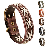Unisex Bracelet, Cowhide, with Linen, Tibetan Style pin buckle, antique bronze color plated, with rivet stud & adjustable, more colors for choice, nickel, lead & cadmium free, 15mm, Length:Approx 9.2 Inch, 2Strands/Lot, Sold By Lot