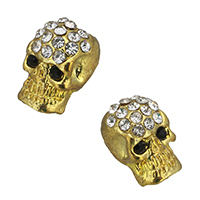 Tibetan Style Large Hole Bead, Skull, gold color plated, with rhinestone, nickel, lead & cadmium free, 7x11.50x8.50mm, Hole:Approx 3mm, 100PCs/Lot, Sold By Lot