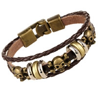 Unisex Bracelet, Cowhide, with PU Leather & Tibetan Style, Skull, plated, 3-strand, nickel, lead & cadmium free, 10mm, Sold Per Approx 7.8 Inch Strand
