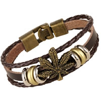 Unisex Bracelet, Cowhide, with PU Leather & Tibetan Style, Maple Leaf, plated, 3-strand, nickel, lead & cadmium free, 10mm, Sold Per Approx 7.8 Inch Strand