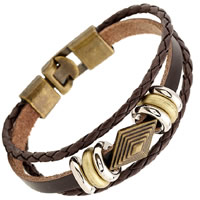 Unisex Bracelet, Cowhide, with PU Leather & Tibetan Style, Rhombus, plated, 3-strand, nickel, lead & cadmium free, 10mm, Sold Per Approx 7.8 Inch Strand