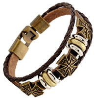 Unisex Bracelet, Cowhide, with PU Leather & Tibetan Style, Cross, plated, 3-strand, nickel, lead & cadmium free, 10mm, Sold Per Approx 7.8 Inch Strand